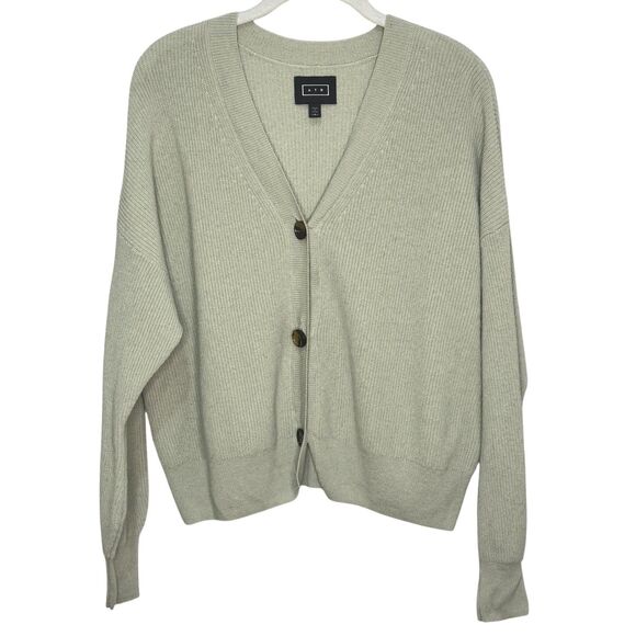 AYR Cardigan Sweater Womens Medium Green 100% Cashmere V Neck Knit Button Front - Picture 2 of 11